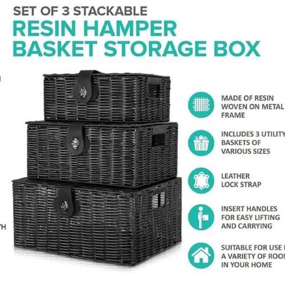Set of 3 Woven Storage Basket Box Wicker Hamper Stackable Bin with Lid & Lock